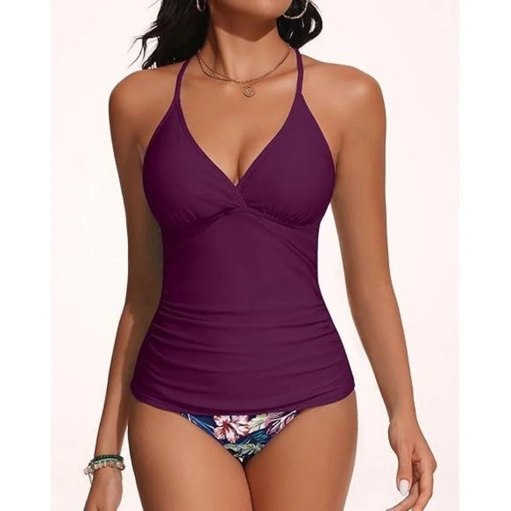 Holipick Tankini Swimsuit Set Plum Purple Macrame Racerback‎ Floral Bottoms NWT